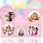 Custom Name Age Photo Collage Birthday Stars Pink Card<br><div class="desc">Cute personalized greetings card,  featuring five of your favourite photos! Celebration balloon and stars in pink,  white and blue-green turquoise.</div>
