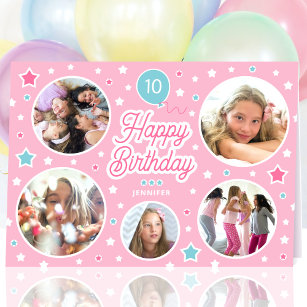 Custom Name Age Photo Collage Birthday Stars Pink Card