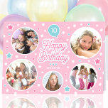 Custom Name Age Photo Collage Birthday Stars Pink Card<br><div class="desc">Cute personalized greetings card,  featuring five of your favourite photos! Celebration balloon and stars in candy pink,  white and blue-green turquoise.</div>