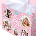 Custom Name Age Photo Collage Birthday Stars Pink Large Gift Bag<br><div class="desc">Celebrate a special birthday with a custom photo gift bag! This cute template is personalized with your child's name,  age and five favourite photographs! A unique and stylish design,  featuring round picture frames,  with a balloon,  and stars. Printed colours: light pink,  candy pink,  turquoise and white.</div>