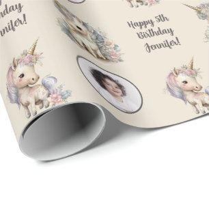 Custom Name Age Photo Unicorn Birthday Wrapping Paper