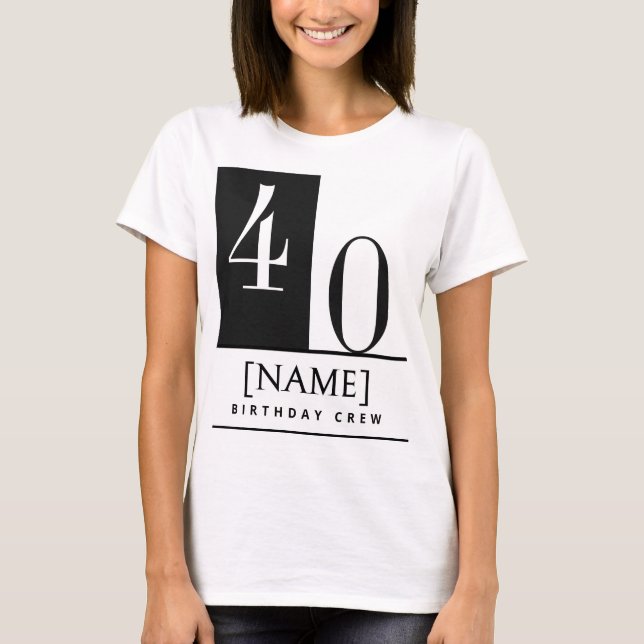 Custom Name & Age Shirt, Black White Birthday Crew T-Shirt (Front)