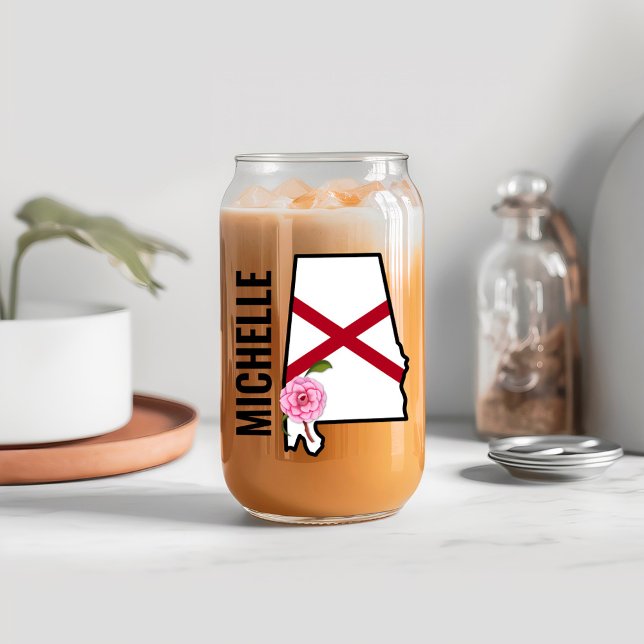 Custom Name Alabama Flag and State Flower Camellia Can Glass (Creator Uploaded)