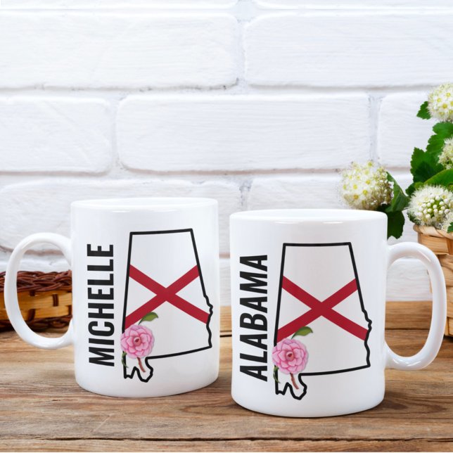 Custom Name Alabama Flag and State Flower Camellia Coffee Mug (Creator Uploaded)