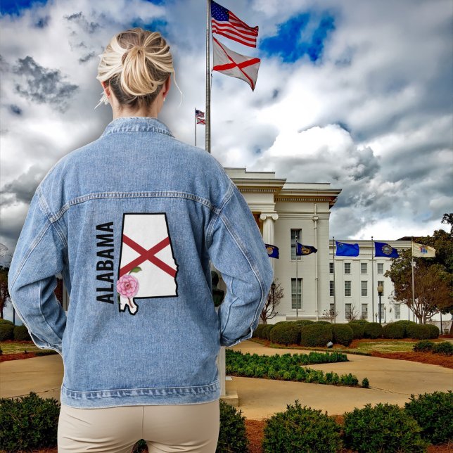 Custom Name Alabama Flag and State Flower Camellia Denim Jacket (Creator Uploaded)