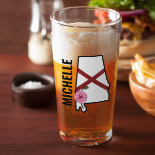 Custom Name Alabama Flag and State Flower Camellia Glass
