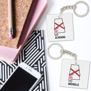 Custom Name Alabama Flag and State Flower Camellia Keychain