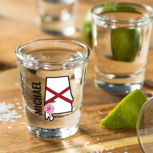 Custom Name Alabama Flag and State Flower Camellia Shot Glass (Creator Uploaded)