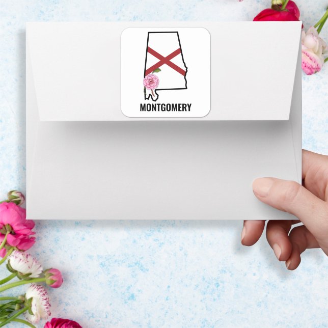 Custom Name Alabama Flag and State Flower Camellia Square Sticker (Creator Uploaded)