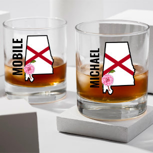 Custom Name Alabama Flag and State Flower Camellia Whiskey Glass