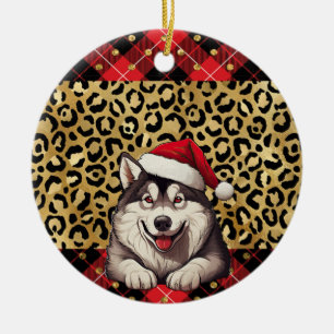 Custom Name Alaskan Malamute dog Santa hat Buffalo Ceramic Ornament