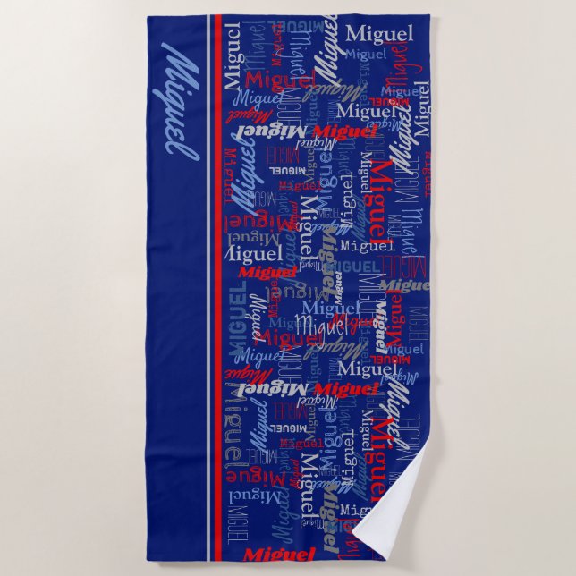 Custom name all over graphic text grey blue red beach towel (Front)