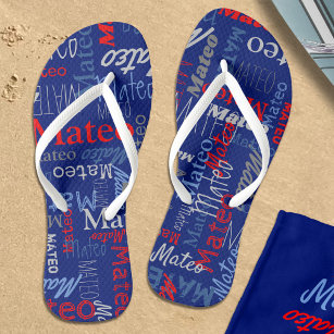 Custom name all over graphic text grey blue red  flip flops