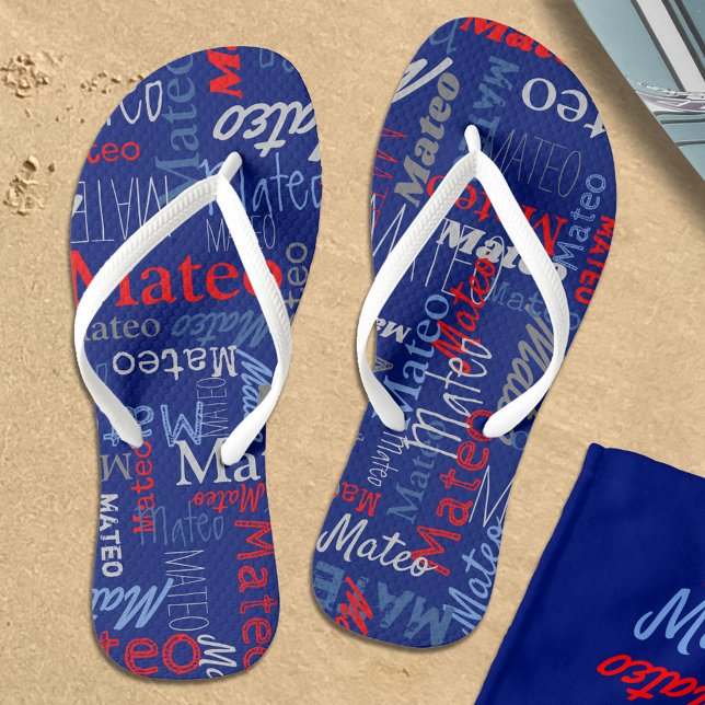 Custom name all over graphic text grey blue red  flip flops (Matching beach towel is available)