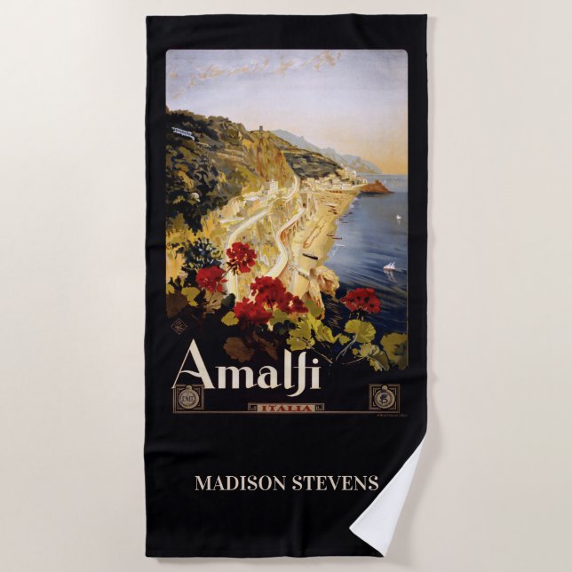 Custom name Amalfi Italy Vintage Travel Beach Towel (Front)