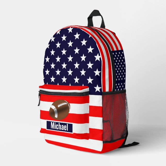 Custom Name American Flag Football Boys Backpack (Back Corner Right)