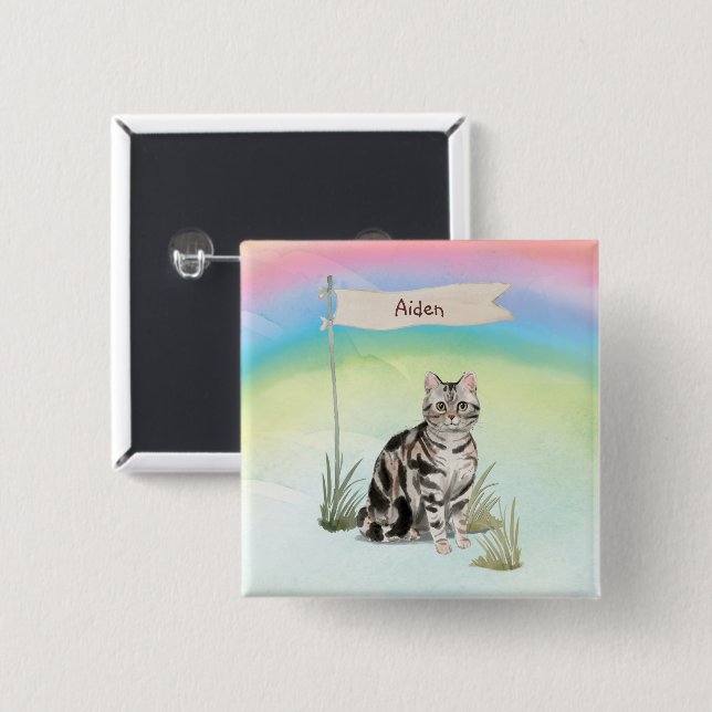 Custom Name American Short Hair Pet Cat 2 Inch Square Button (Front & Back)