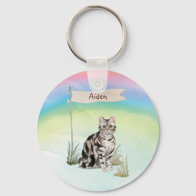 Custom Name American Short Hair Pet Cat Keychain (Front)