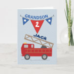 Custom Name and Age Grandson Firetruck Card<br><div class="desc">Seeing his name and age will be special for a young grandson and his parents! A firetruck is whizzing by with sound effects supplied by you,  the reader! Brightly coloured red and blue will delight him. Customizable card with name and age!</div>