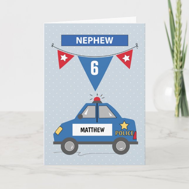 Custom Name and Age Nephew 6th Birthday Police Card (Front)