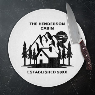 Custom Name and Date Cabin and Mountains Cutting Board