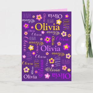 Custom name and graphic flowers purple pink card