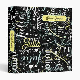Custom Name and Hearts School Lessons Black Binder