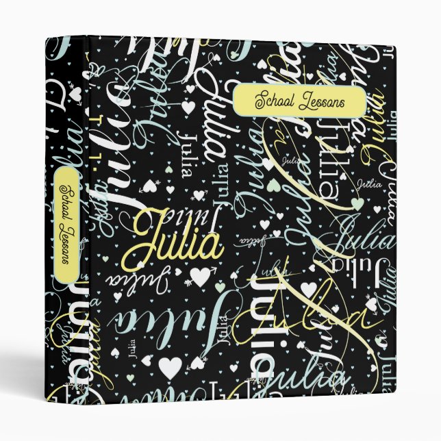 Custom Name and Hearts School Lessons Black Binder (Front/Spine)