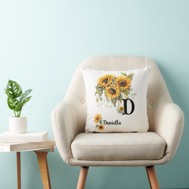 Custom Name and Initial Chic Sunflowers Yellow Throw Pillow (Chair)