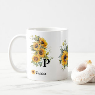Custom Name and Initial Sunflowers Blooms Yellow Coffee Mug