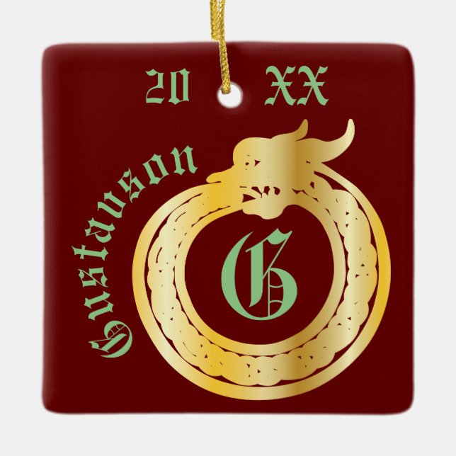 Custom Name and Monogram Celtic Style Ouroboros Ce Ceramic Ornament (Front)