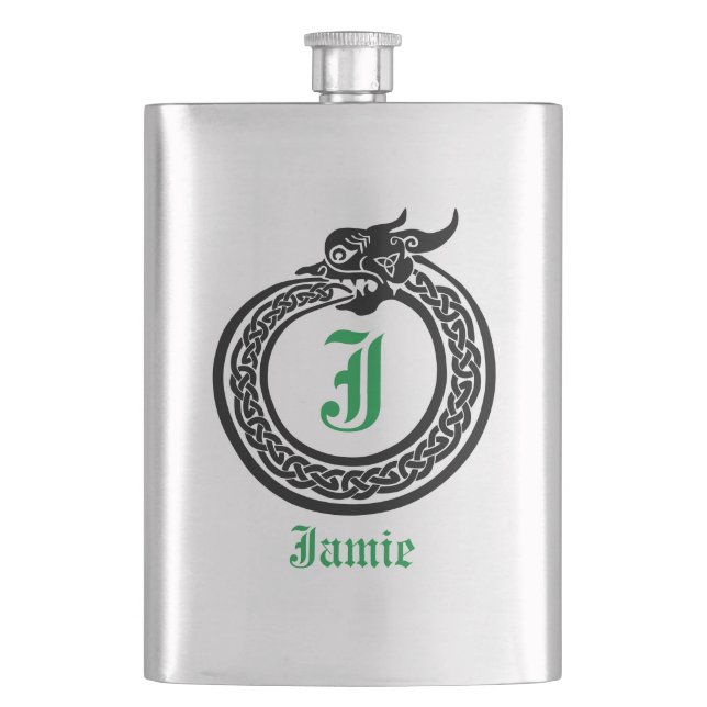 Custom Name and Monogram Celtic Style Ouroboros  F Hip Flask (Front)