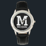 Custom Name and Monogrammed Bold Text KIds Black Watch<br><div class="desc">Custom Name and Monogrammed Bold Text Kids Black and Silver Watch.</div>