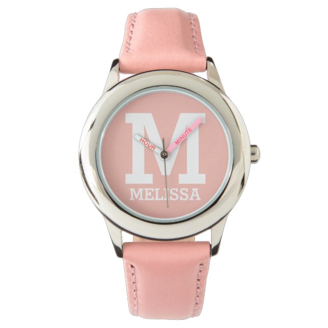Custom Name and Monogrammed Bold Typography Pink Watch (Front)