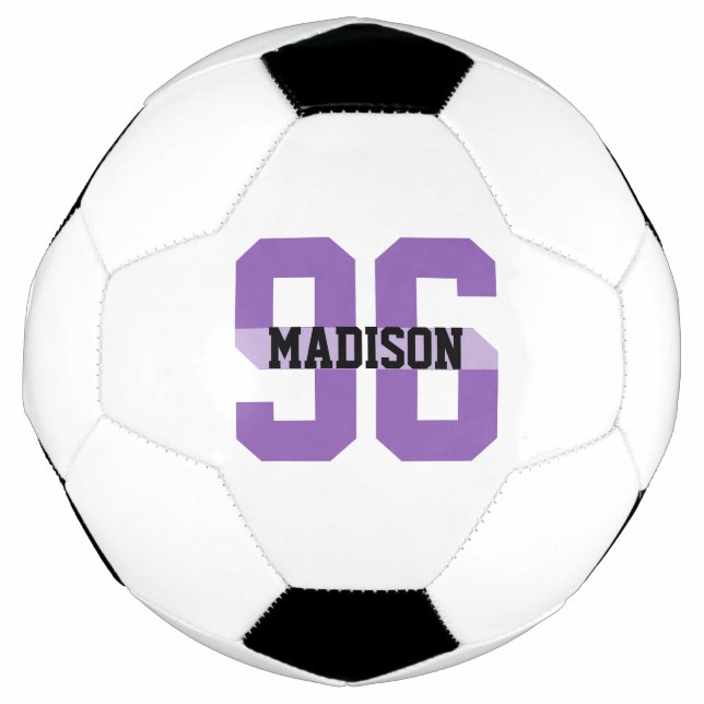 Custom Name and Number Cool Modern Purple Soccer Ball (Front)