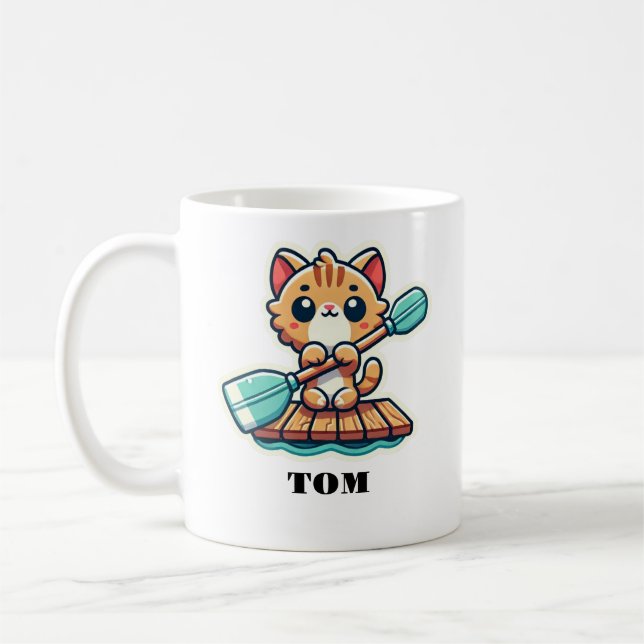Custom name and personalized rowing cute cat coffee mug (Left)