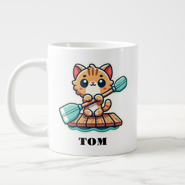 Custom name and personalized rowing cute cat large coffee mug (Left)
