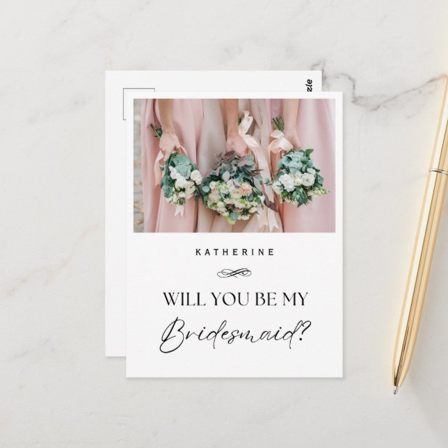 Custom name and photo Bridesmaid Proposal Postcard (Front/Back In Situ)