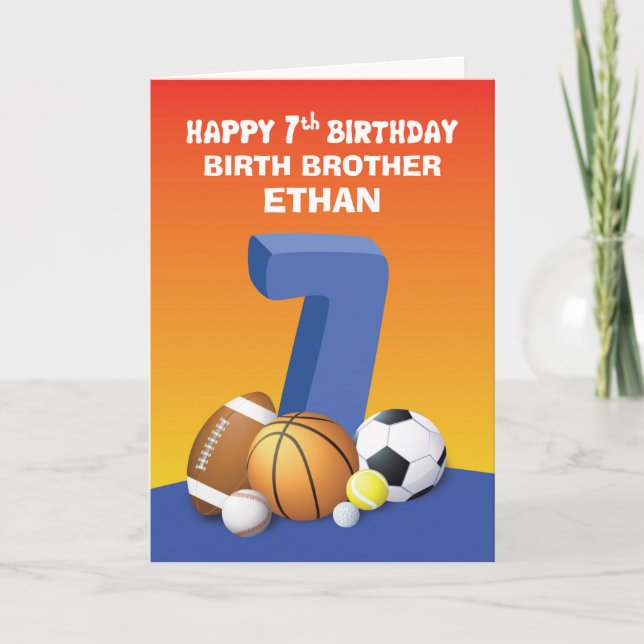 Custom Name and Relation Boy 7th Birthday Sports Card (Front)