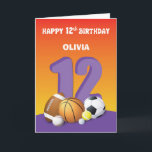 Custom Name and Relation Girl 12th Birthday Sports Card<br><div class="desc">This will be the perfect birthday surprise for a girl who loves sports. The front highlights a collection of assorted sports balls and a personalizable name and relationship. The inside shares a fun birthday message for her.</div>