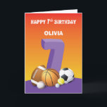 Custom Name and Relation Girl 7th Birthday Sports Card<br><div class="desc">Join a special girl you know when she soon celebrates her 7th birthday. For a memorable greeting you must give her this colourful and fun card that you can personalize with her name and relationship. Grab yourself a copy of this one now.</div>