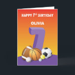 Custom Name and Relation Girl 7th Birthday Sports Card<br><div class="desc">Join a special girl you know when she soon celebrates her 7th birthday. For a memorable greeting you must give her this colourful and fun card that you can personalize with her name and relationship. Grab yourself a copy of this one now.</div>