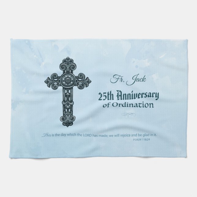 Custom Name & Anniversary Year Ordination, Priest Kitchen Towel (Horizontal)