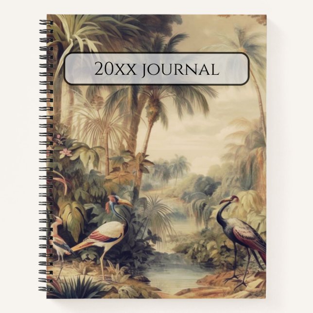 Custom Name Antique Crane & Palm Tropical Art Notebook (Front)