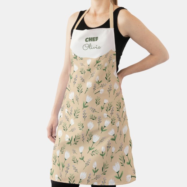 Custom Name Apron – Vanilla Floral Print (Insitu)