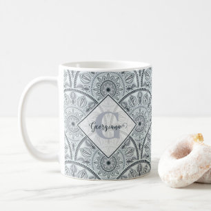 Custom Name Art Deco Floral Harmony Grey Mandala Coffee Mug
