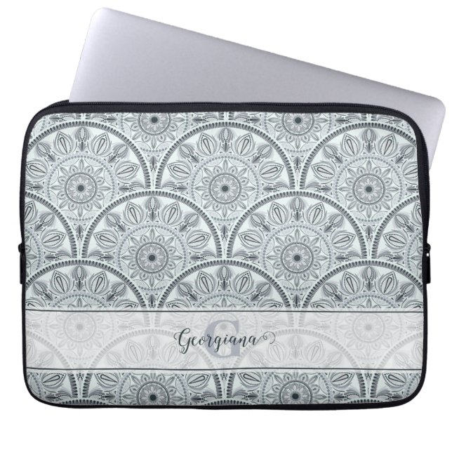 Custom Name Art Deco Floral Harmony Grey Mandala Laptop Sleeve (Front)