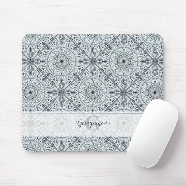 Custom Name Art Deco Floral Harmony Grey Mandala Mouse Pad (With Mouse)