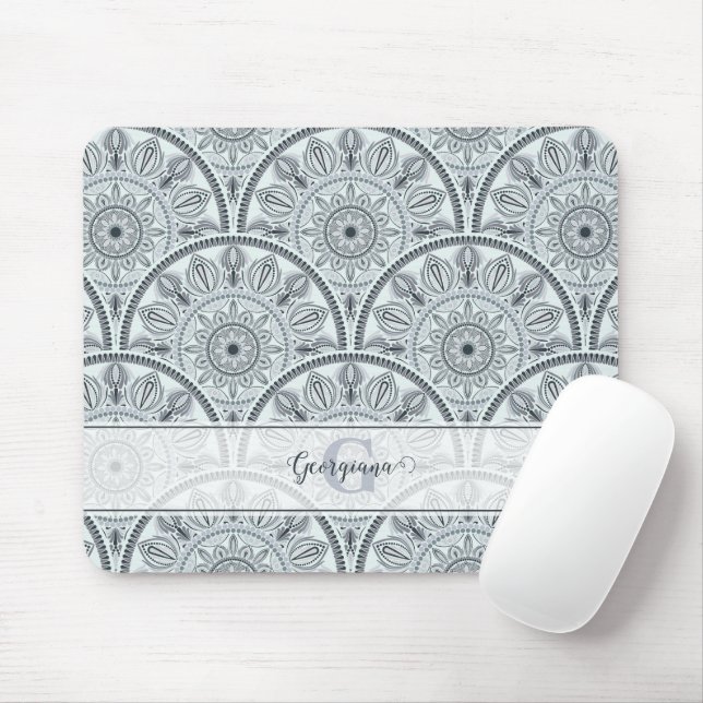 Custom Name Art Deco Floral Harmony Grey Mandala Mouse Pad (With Mouse)