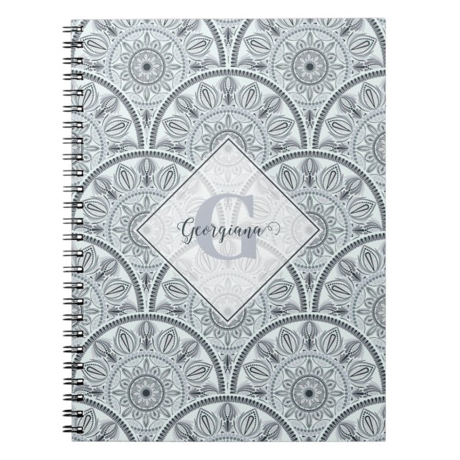 Custom Name Art Deco Floral Harmony Grey Mandala Notebook (Front)